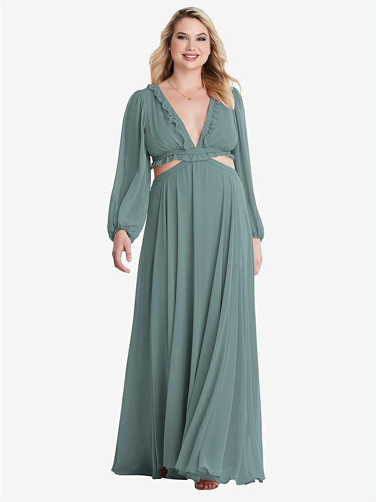 【STYLE: LB015】Bishop Sleeve Ruffled Chiffon Cutout Maxi Dress - Harlow 【COLOR: Icelandic】