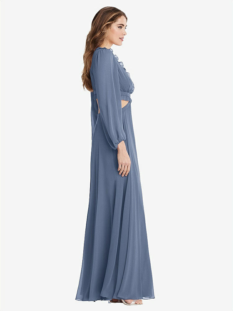 【STYLE: LB015】Bishop Sleeve Ruffled Chiffon Cutout Maxi Dress - Harlow 【COLOR: Larkspur Blue】