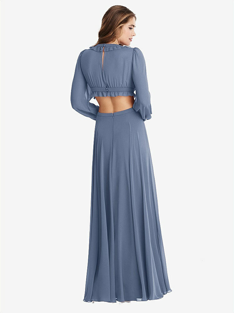 【STYLE: LB015】Bishop Sleeve Ruffled Chiffon Cutout Maxi Dress - Harlow 【COLOR: Larkspur Blue】