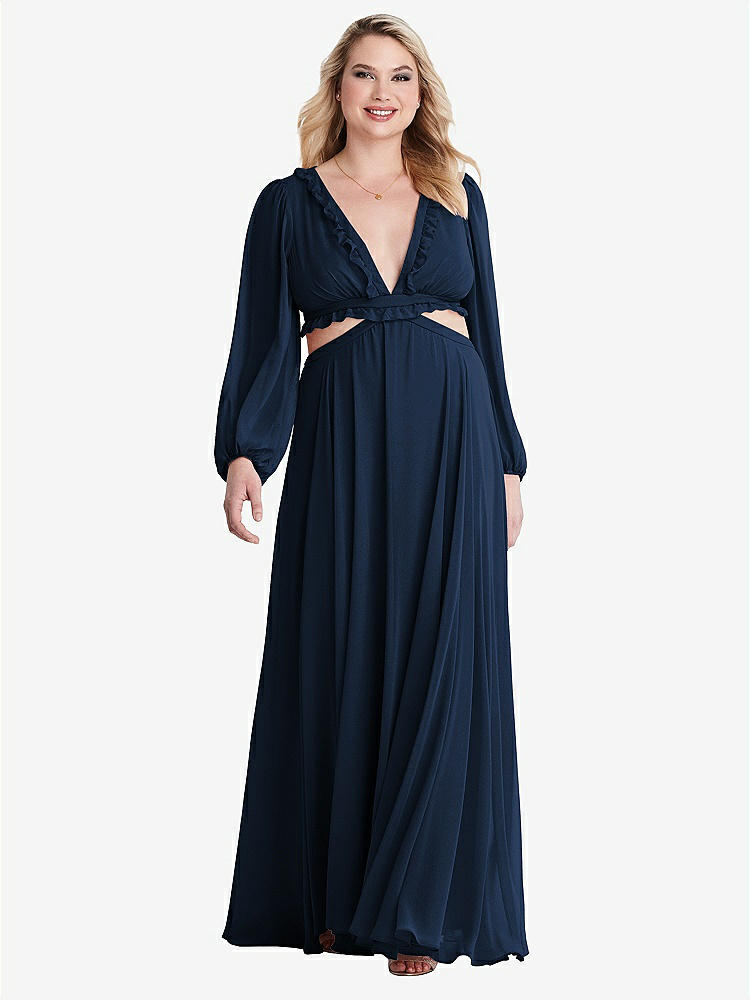 【STYLE: LB015】Bishop Sleeve Ruffled Chiffon Cutout Maxi Dress - Harlow 【COLOR: Midnight Navy】