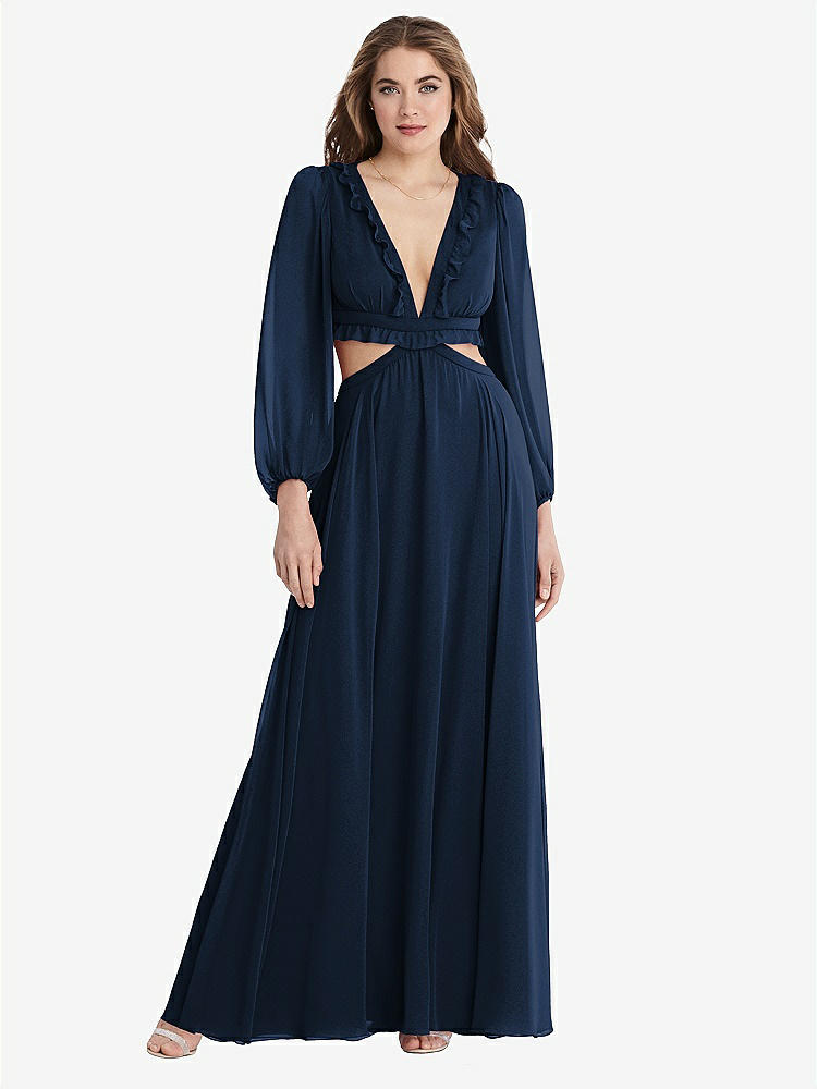 【STYLE: LB015】Bishop Sleeve Ruffled Chiffon Cutout Maxi Dress - Harlow 【COLOR: Midnight Navy】