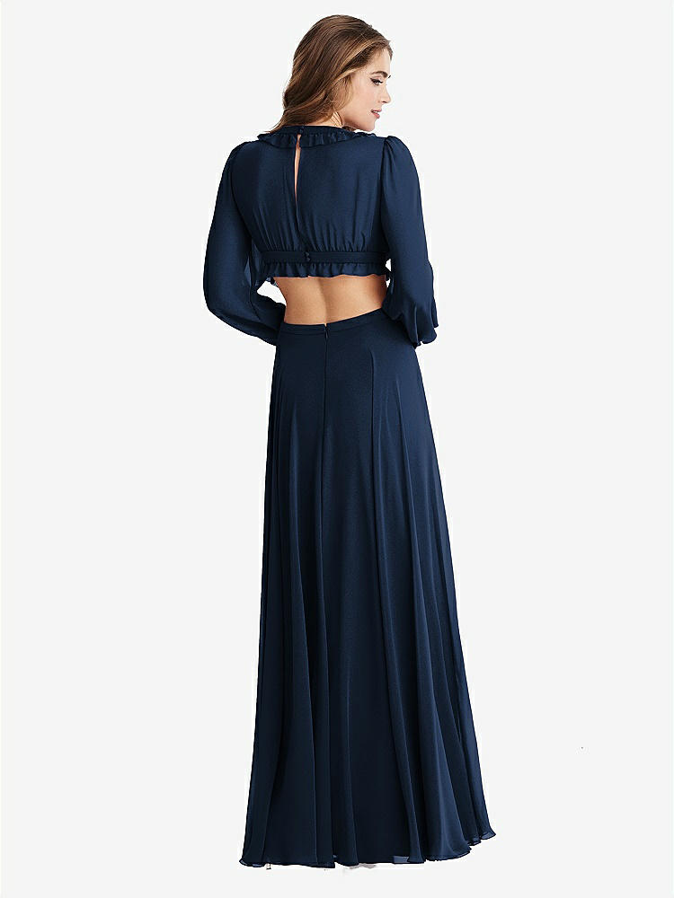 【STYLE: LB015】Bishop Sleeve Ruffled Chiffon Cutout Maxi Dress - Harlow 【COLOR: Midnight Navy】