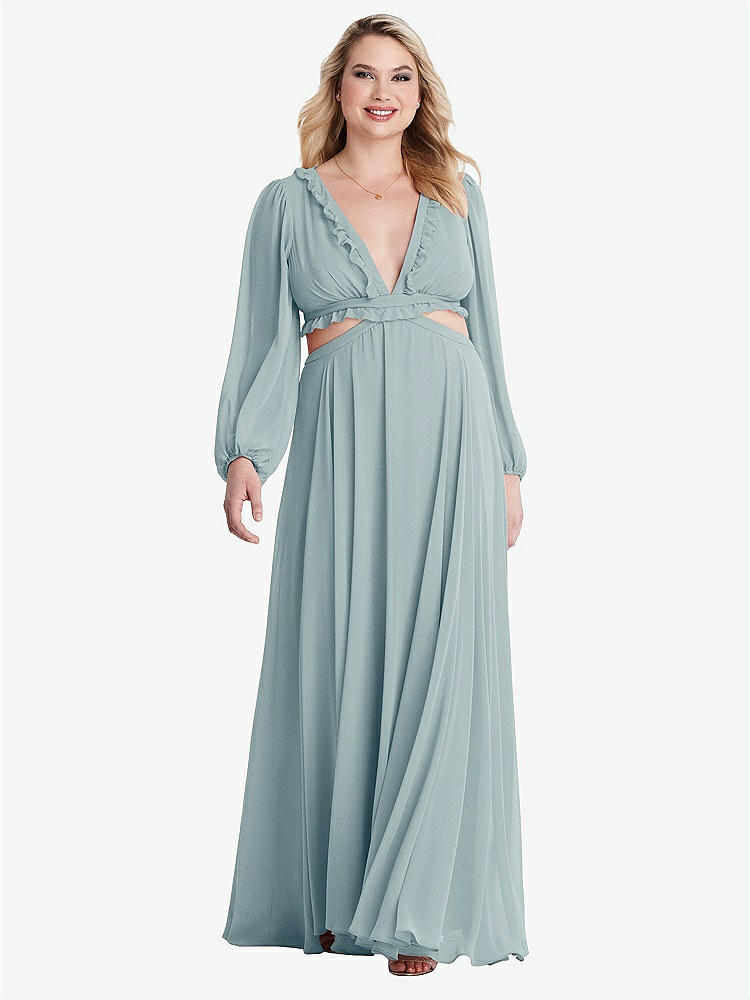 【NEW】【STYLE: LB015】ビショップ 袖 フリル シフォン カットアウト マキシ ドレス - ハーロー 【COLOR: Morning Sky】【SIZE: 00-30W】