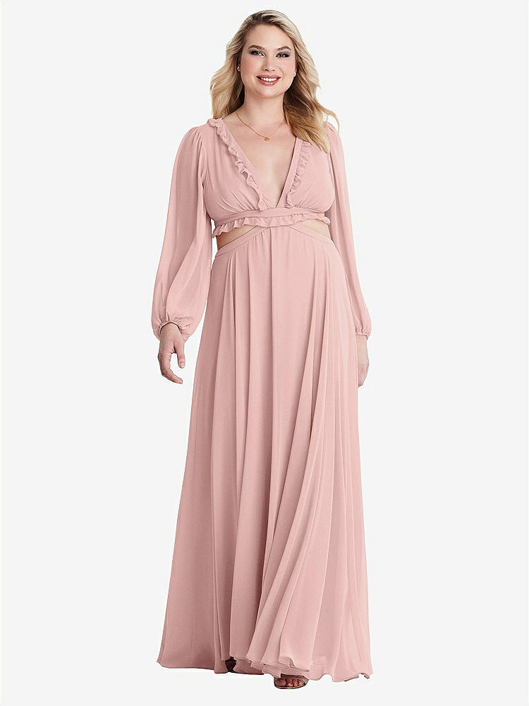 【STYLE: LB015】Bishop Sleeve Ruffled Chiffon Cutout Maxi Dress - Harlow 【COLOR: Rose - PANTONE Rose Quartz】