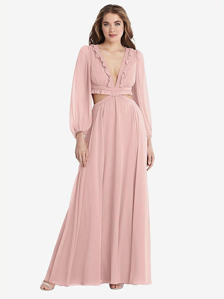 【STYLE: LB015】Bishop Sleeve Ruffled Chiffon Cutout Maxi Dress - Harlow 【COLOR: Rose - PANTONE Rose Quartz】