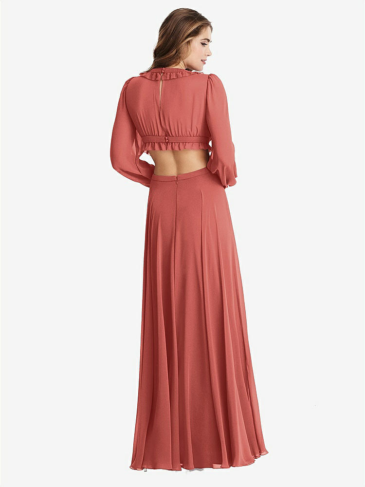 【STYLE: LB015】Bishop Sleeve Ruffled Chiffon Cutout Maxi Dress - Harlow 【COLOR: Coral Pink】