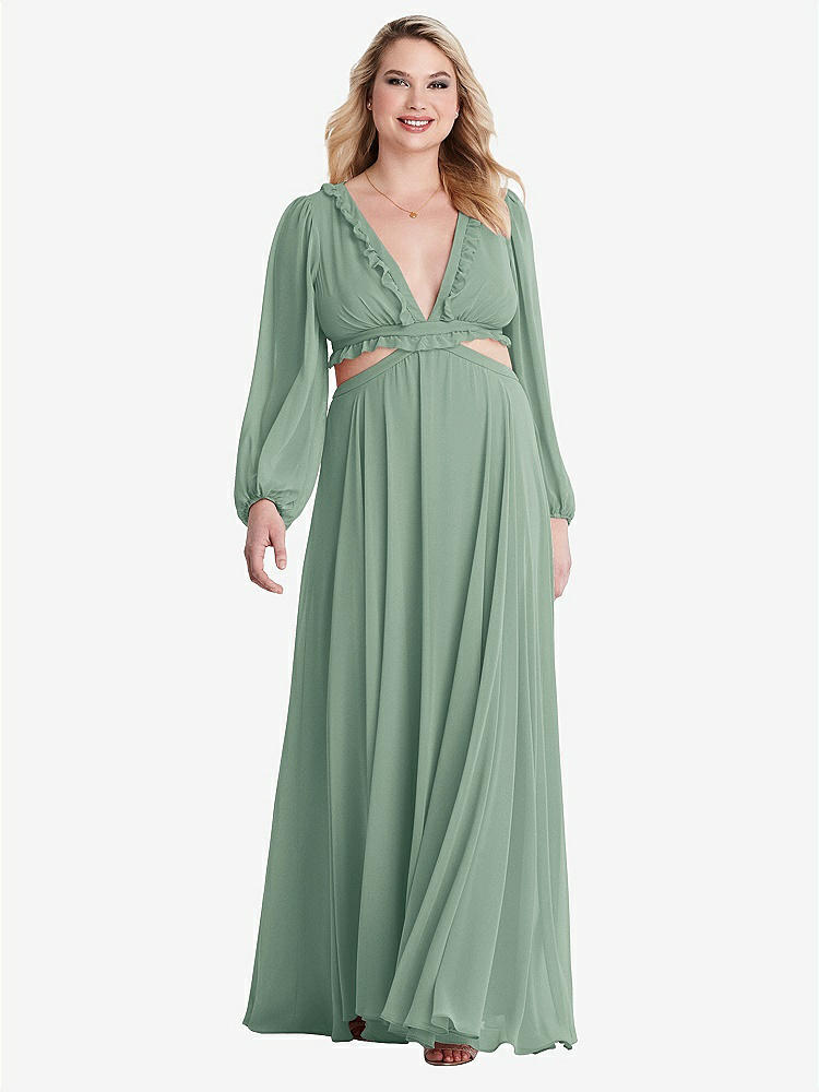 【STYLE: LB015】Bishop Sleeve Ruffled Chiffon Cutout Maxi Dress - Harlow 【COLOR: Seagrass】
