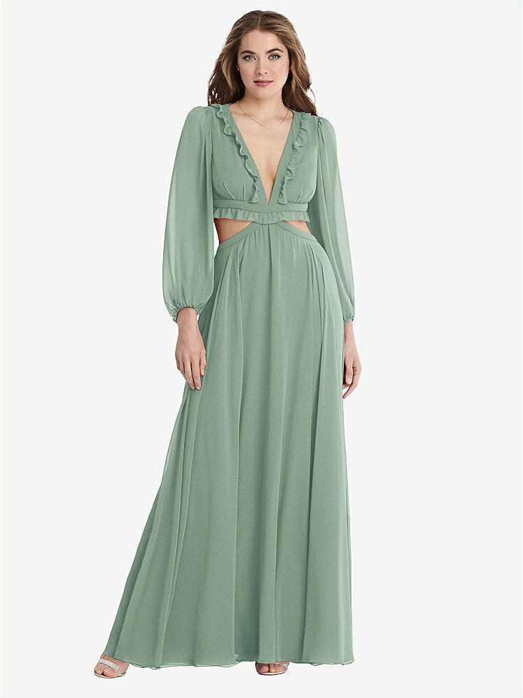 【STYLE: LB015】Bishop Sleeve Ruffled Chiffon Cutout Maxi Dress - Harlow 【COLOR: Seagrass】