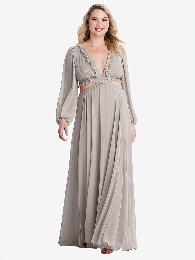 【STYLE: LB015】Bishop Sleeve Ruffled Chiffon Cutout Maxi Dress - Harlow 【COLOR: Taupe】
