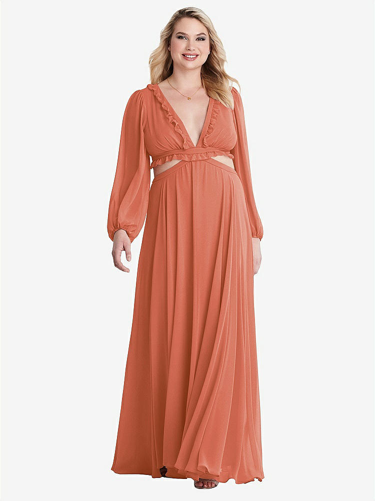 【STYLE: LB015】Bishop Sleeve Ruffled Chiffon Cutout Maxi Dress - Harlow 【COLOR: Terracotta Copper】