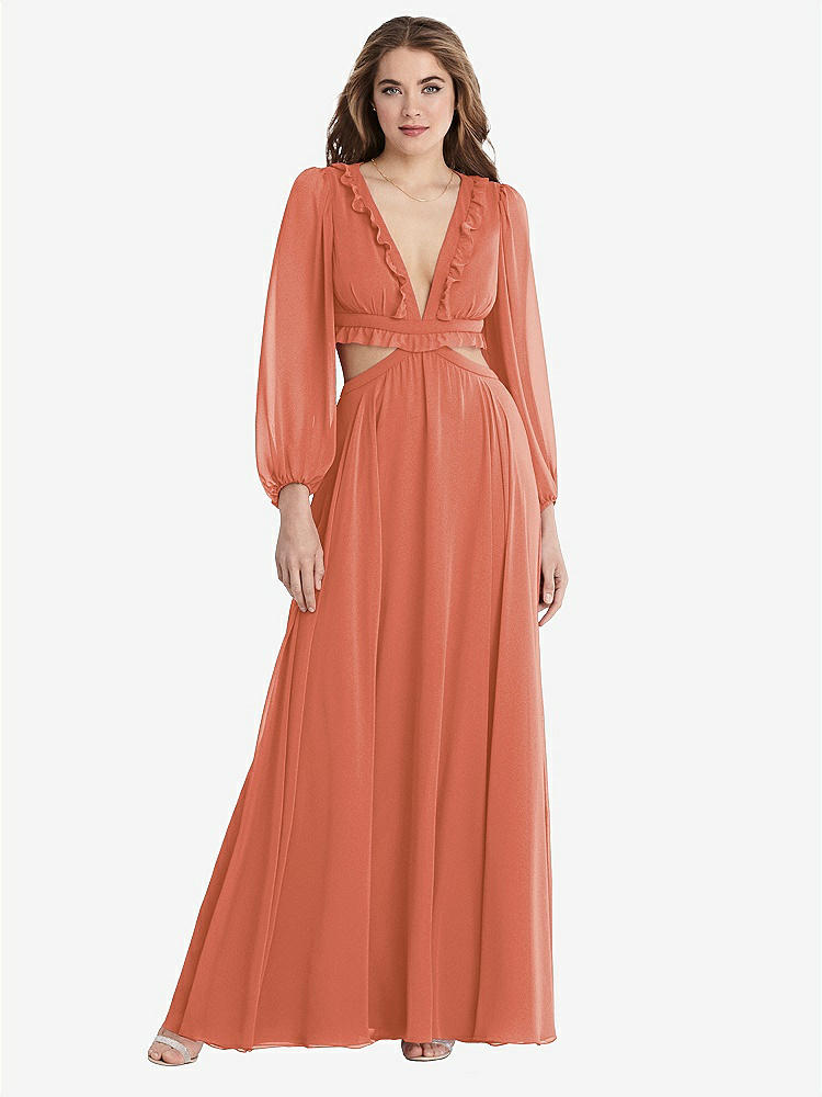 【STYLE: LB015】Bishop Sleeve Ruffled Chiffon Cutout Maxi Dress - Harlow 【COLOR: Terracotta Copper】