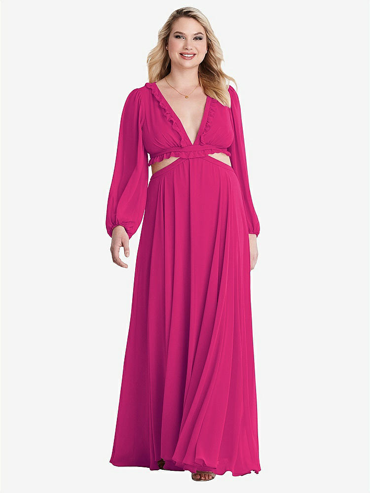 【STYLE: LB015】Bishop Sleeve Ruffled Chiffon Cutout Maxi Dress - Harlow 【COLOR: Think Pink】