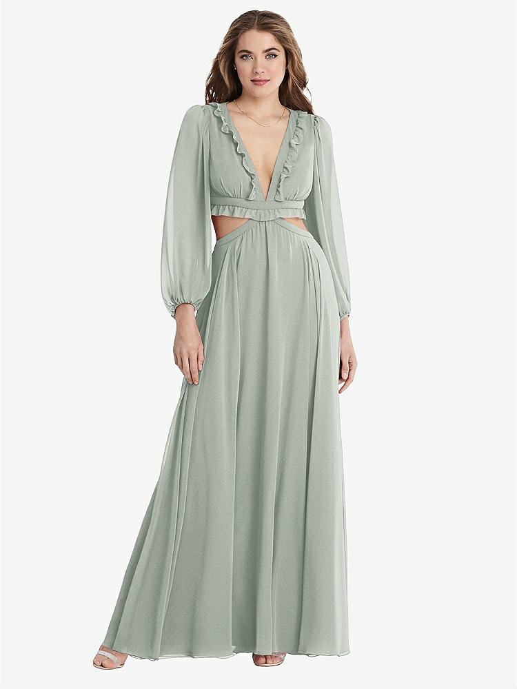 【STYLE: LB015】Bishop Sleeve Ruffled Chiffon Cutout Maxi Dress - Harlow 【COLOR: Willow Green】