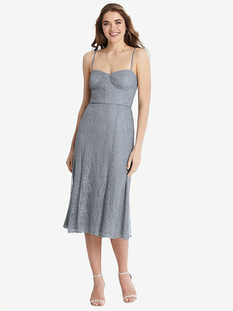 【STYLE: 1533】Lace Bustier Midi Dress with Spaghetti Straps【COLOR: Platinum】