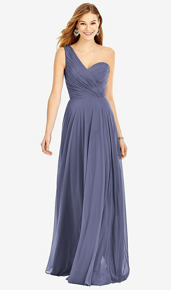 【STYLE: TH025】One-Shoulder Draped Chiffon Maxi Dress - Dani【COLOR: French Blue】