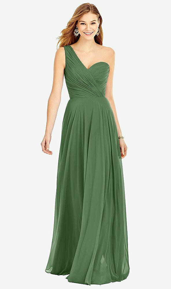 【STYLE: TH025】One-Shoulder Draped Chiffon Maxi Dress - Dani【COLOR: Vineyard Green】