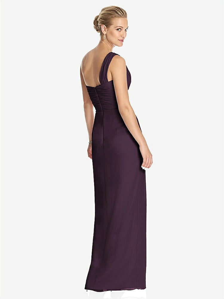 【NEW】【STYLE: TH027】ワンショルダー ドレープ マキシ ドレス 前面 スリット - aeroryn【COLOR: Aubergine】【SIZE: 00-30W】