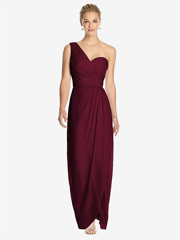 【STYLE: TH027】One-Shoulder Draped Maxi Dress with Front Slit - Aeryn【COLOR: Cabernet】