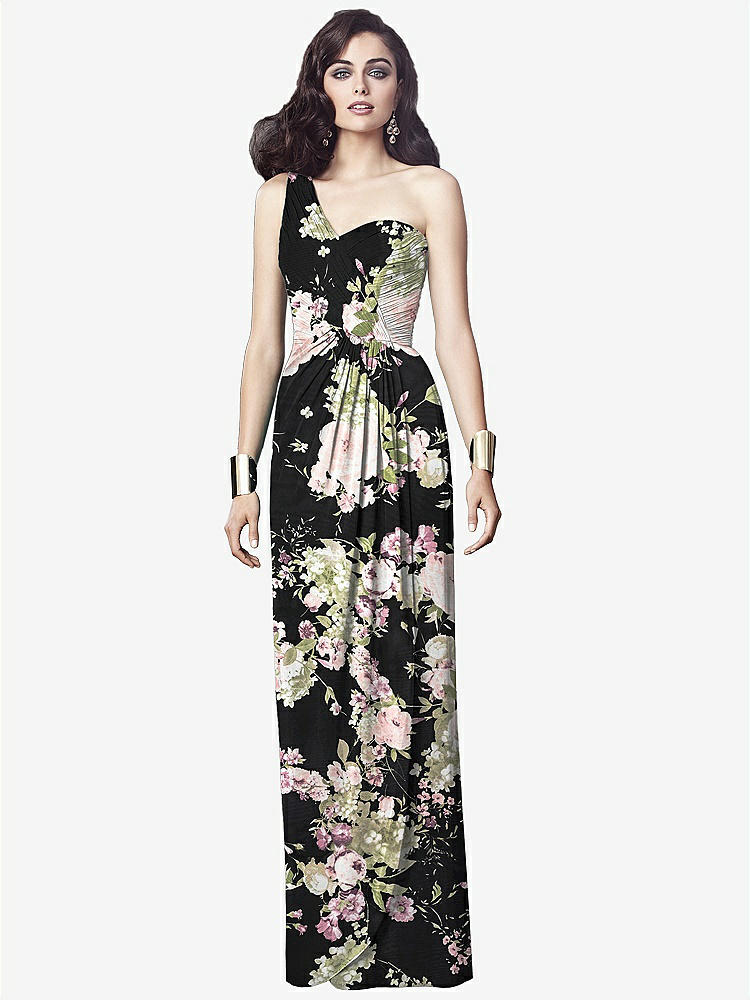 【STYLE: TH027】One-Shoulder Draped Maxi Dress with Front Slit - Aeryn【COLOR: Noir Garden】