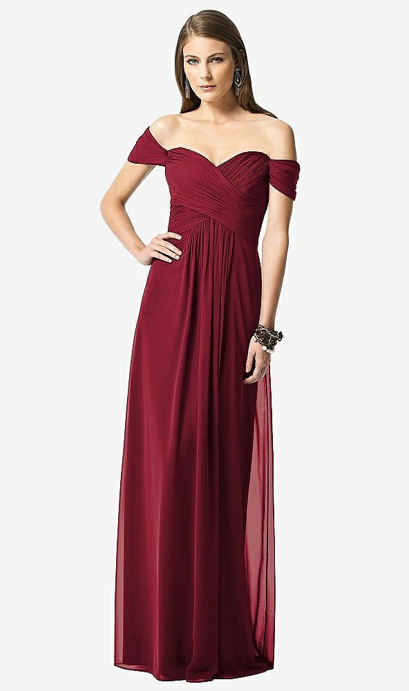 【STYLE: TH028】Off-the-Shoulder Ruched Chiffon Maxi Dress - Alessia【COLOR: Burgundy】