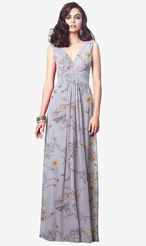 【STYLE: TH031】Draped V-Neck Shirred Chiffon Maxi Dress【COLOR: Butterfly Botanica Silver Dove】