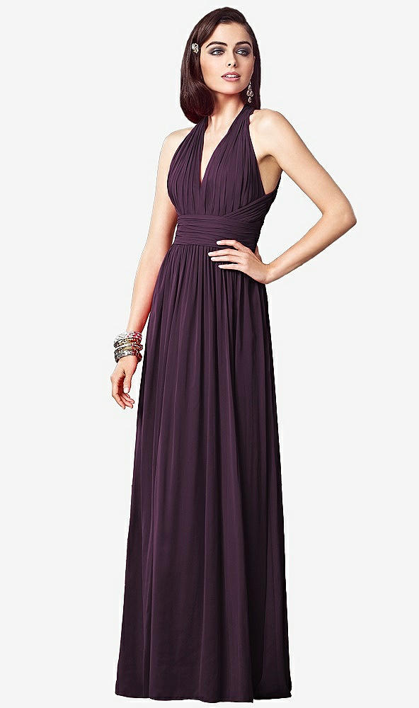 【STYLE: TH032】Ruched Halter Open-Back Maxi Dress - Jada【COLOR: Aubergine】