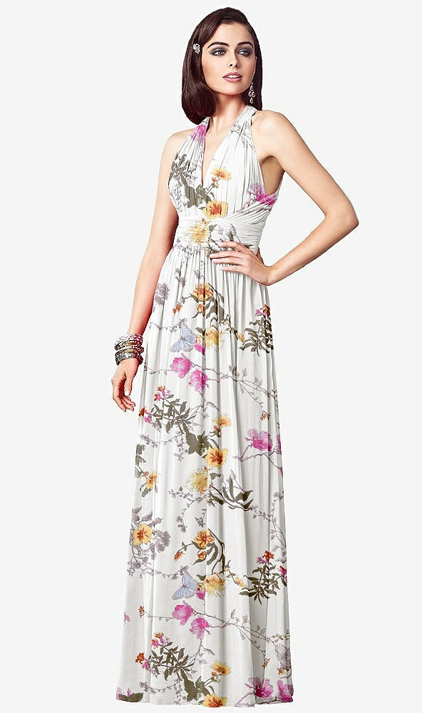 【STYLE: TH032】Ruched Halter Open-Back Maxi Dress - Jada【COLOR: Butterfly Botanica Ivory】
