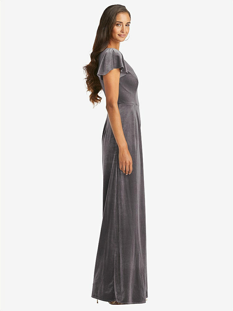 【NEW】【STYLE: 1542】フラッター スリーブ ベルベット ジャンプスーツ ポケット付き【COLOR: Caviar Gray】【SIZE: 00-30W】