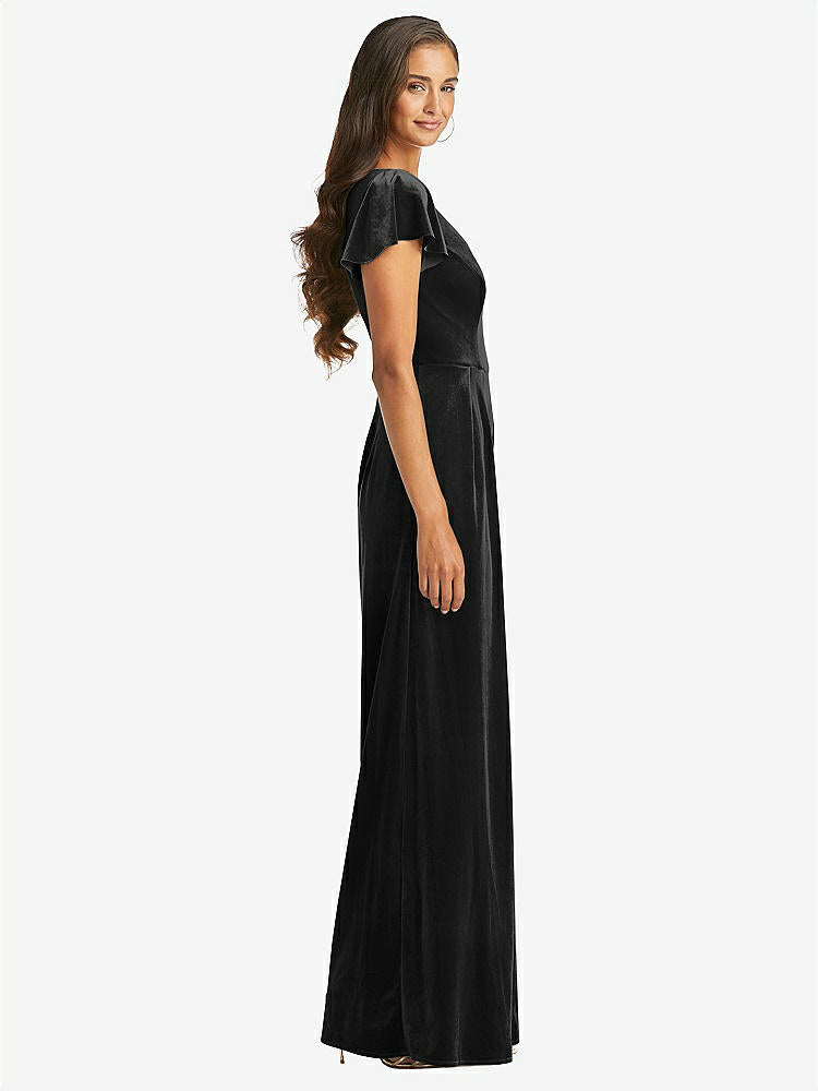 【STYLE: 1542】Flutter Sleeve Velvet Jumpsuit with Pockets【COLOR: Black】