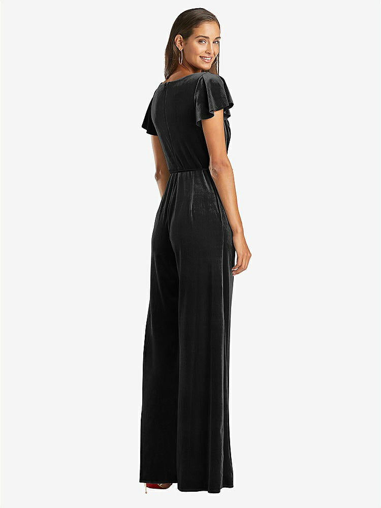 【STYLE: 1542】Flutter Sleeve Velvet Jumpsuit with Pockets【COLOR: Black】