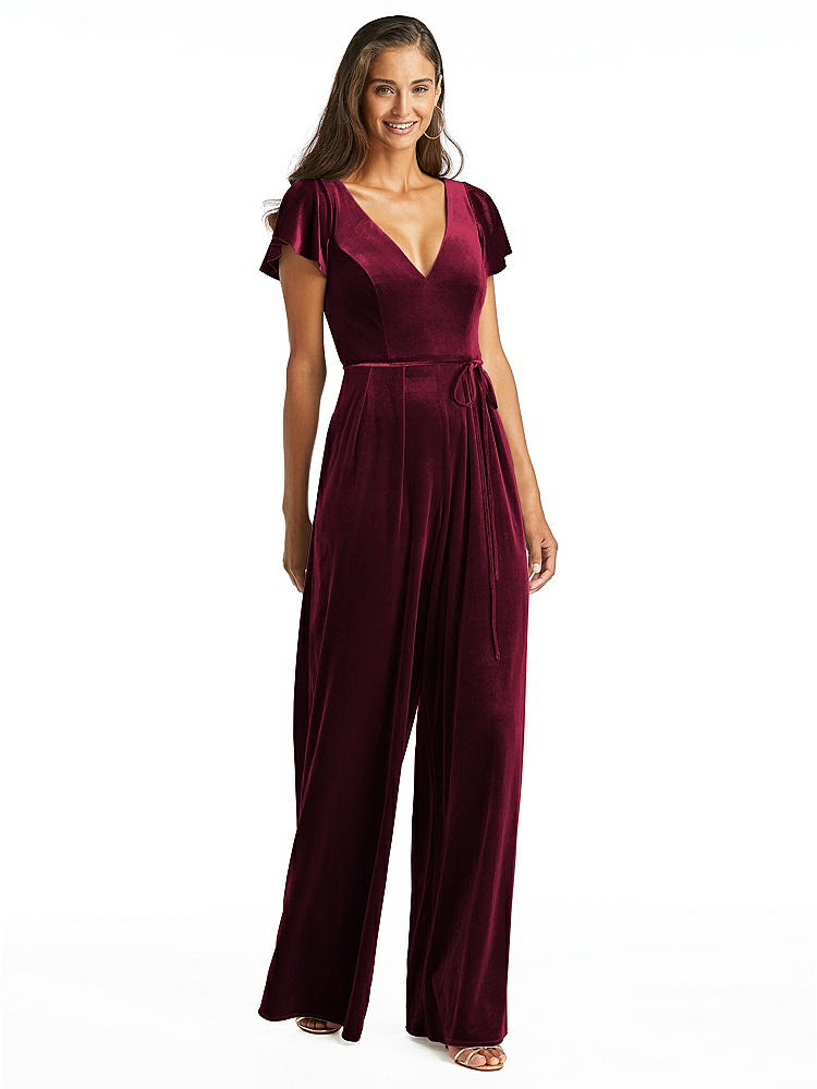 【NEW】【STYLE: 1542】フラッター スリーブ ベルベット ジャンプスーツ ポケット付き【COLOR: Cabernet】【SIZE: 00-30W】