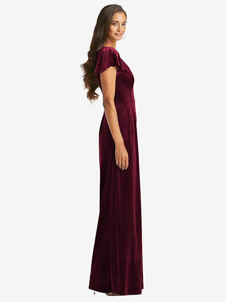 【NEW】【STYLE: 1542】フラッター スリーブ ベルベット ジャンプスーツ ポケット付き【COLOR: Cabernet】【SIZE: 00-30W】