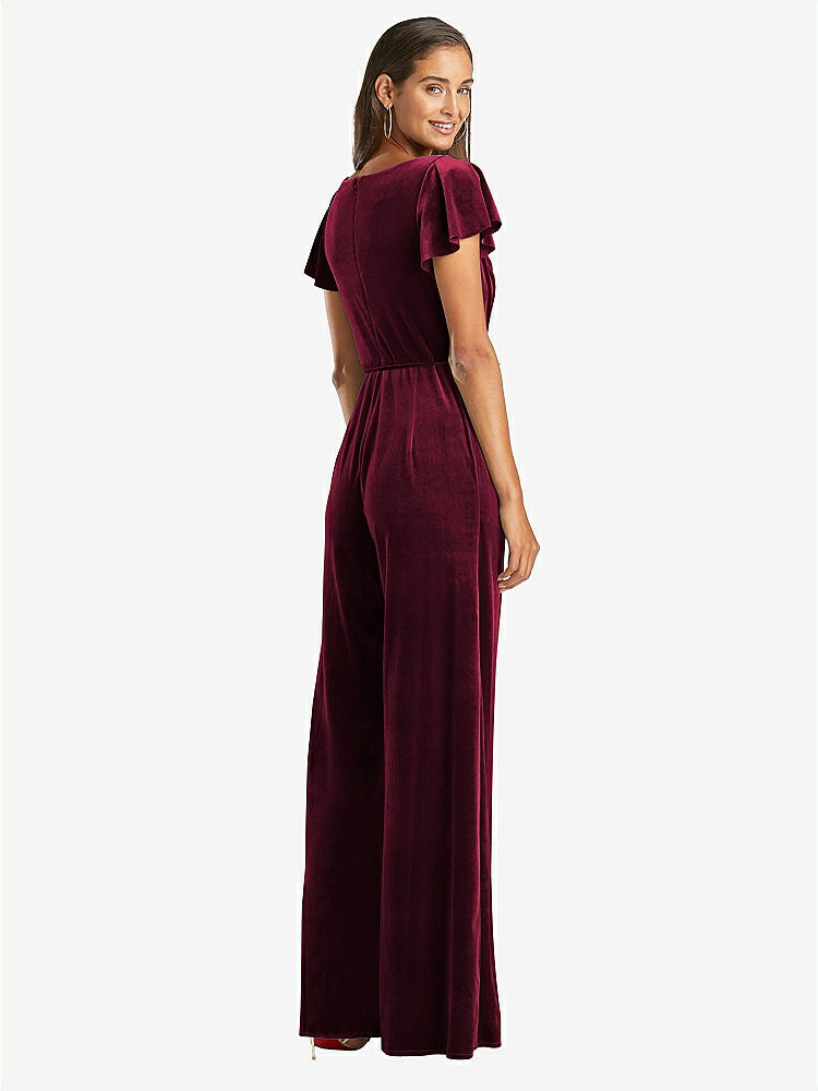 【NEW】【STYLE: 1542】フラッター スリーブ ベルベット ジャンプスーツ ポケット付き【COLOR: Cabernet】【SIZE: 00-30W】