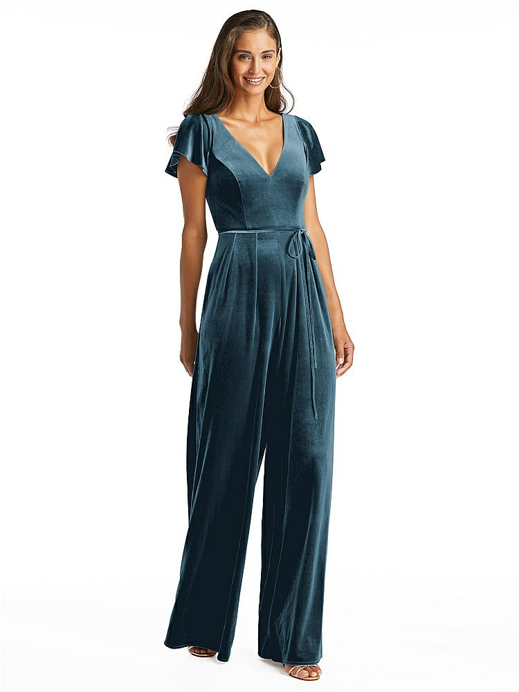 【STYLE: 1542】Flutter Sleeve Velvet Jumpsuit with Pockets【COLOR: Dutch Blue】