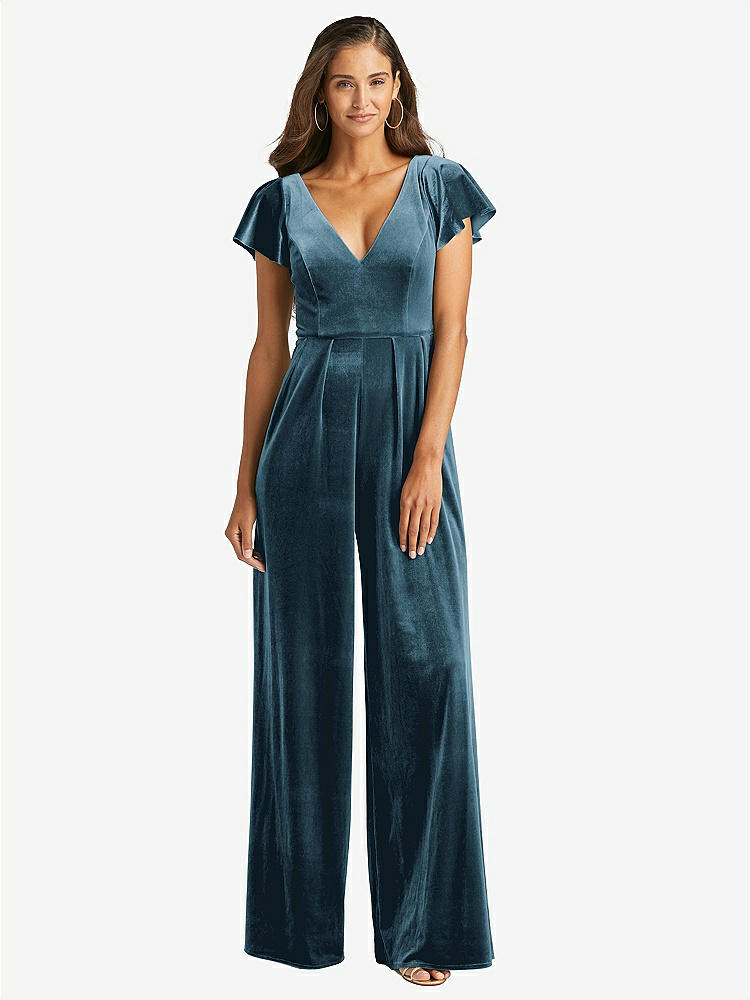 【STYLE: 1542】Flutter Sleeve Velvet Jumpsuit with Pockets【COLOR: Dutch Blue】