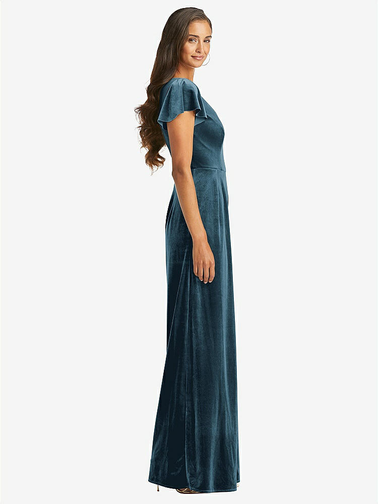 【STYLE: 1542】Flutter Sleeve Velvet Jumpsuit with Pockets【COLOR: Dutch Blue】