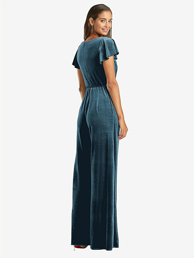 【STYLE: 1542】Flutter Sleeve Velvet Jumpsuit with Pockets【COLOR: Dutch Blue】