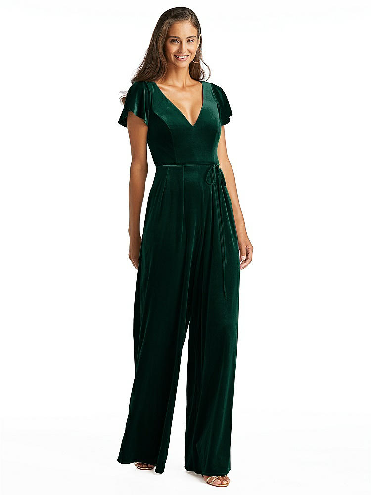 【NEW】【STYLE: 1542】フラッター スリーブ ベルベット ジャンプスーツ ポケット付き【COLOR: Evergreen】【SIZE: 00-30W】