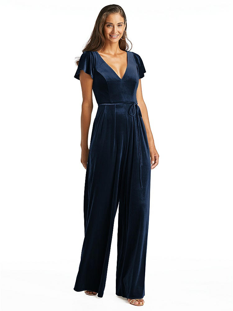 【STYLE: 1542】Flutter Sleeve Velvet Jumpsuit with Pockets【COLOR: Midnight Navy】