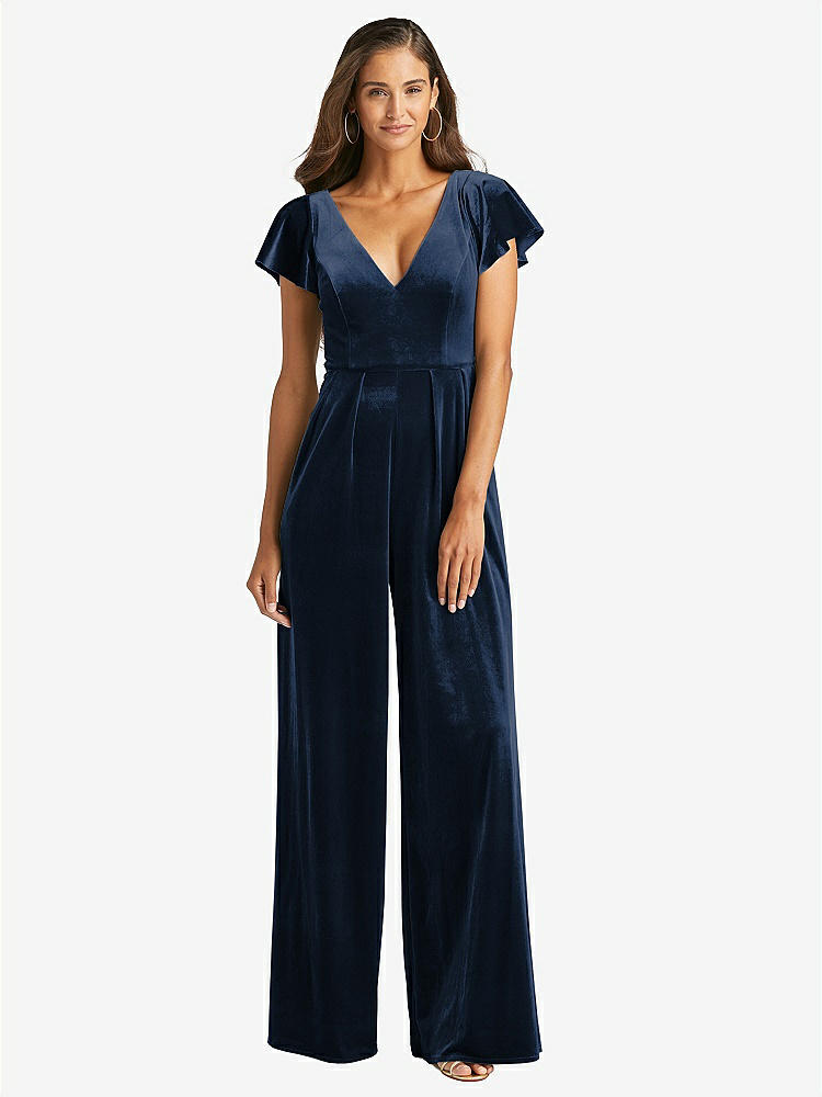 【STYLE: 1542】Flutter Sleeve Velvet Jumpsuit with Pockets【COLOR: Midnight Navy】