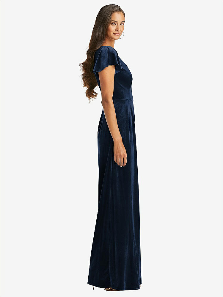 【STYLE: 1542】Flutter Sleeve Velvet Jumpsuit with Pockets【COLOR: Midnight Navy】