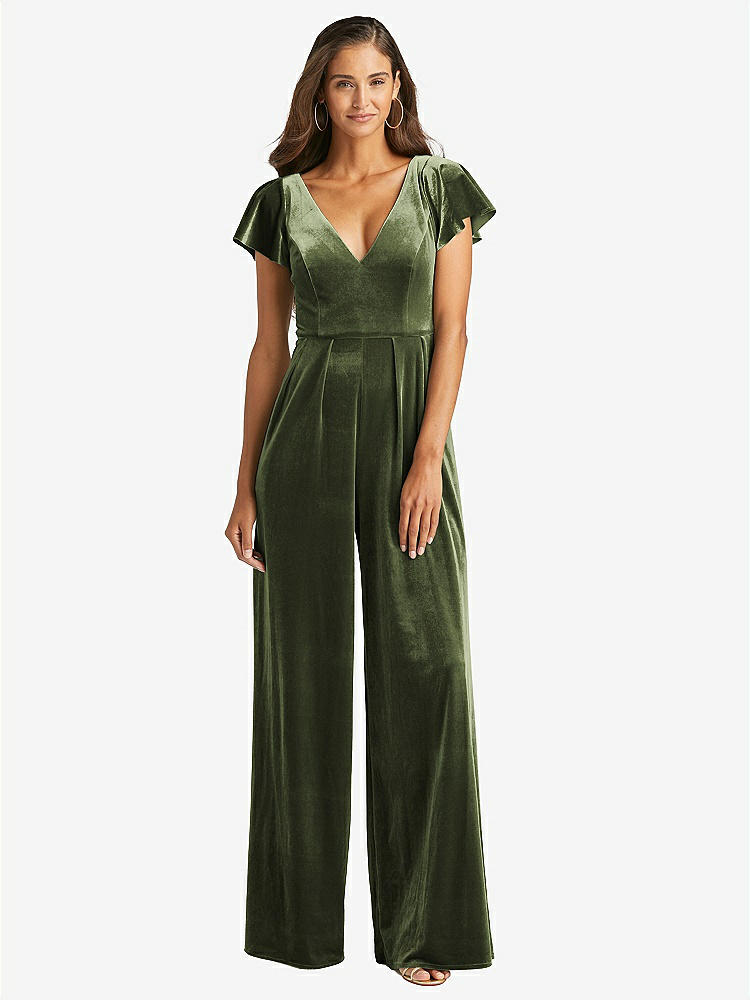 【STYLE: 1542】Flutter Sleeve Velvet Jumpsuit with Pockets【COLOR: Olive Green】