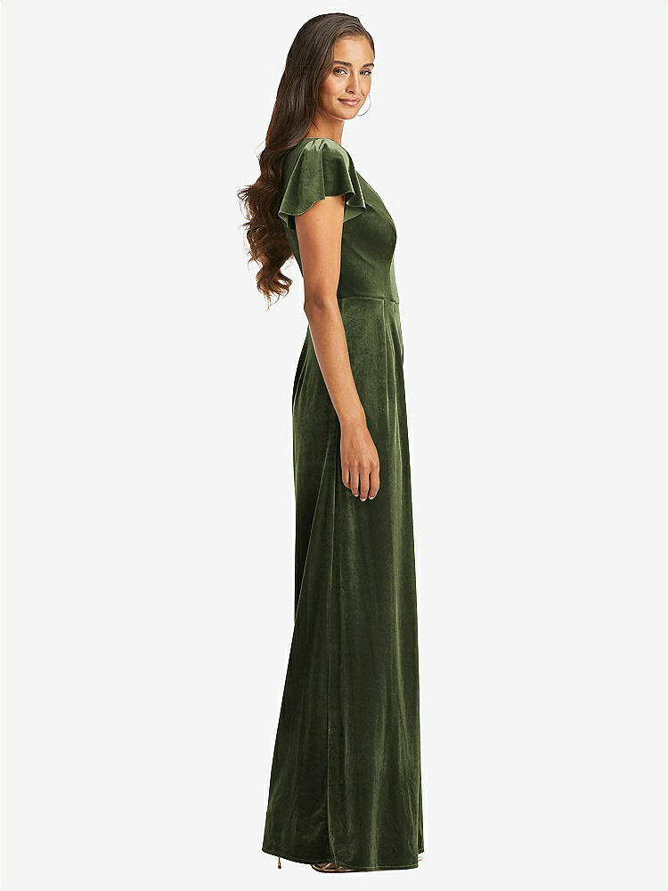 【STYLE: 1542】Flutter Sleeve Velvet Jumpsuit with Pockets【COLOR: Olive Green】
