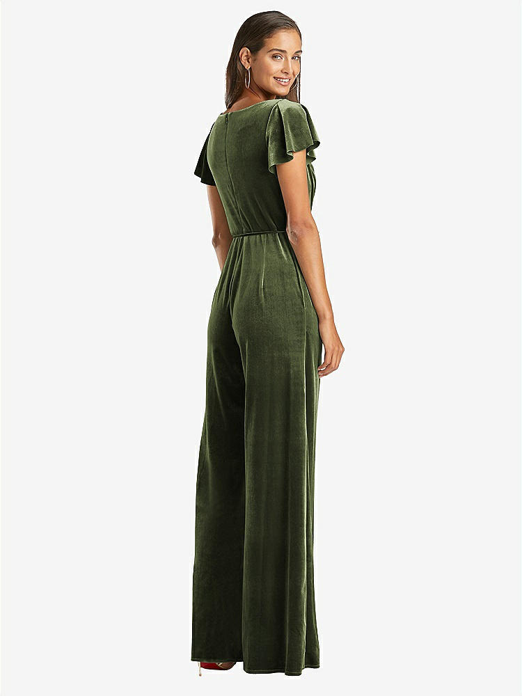 【STYLE: 1542】Flutter Sleeve Velvet Jumpsuit with Pockets【COLOR: Olive Green】