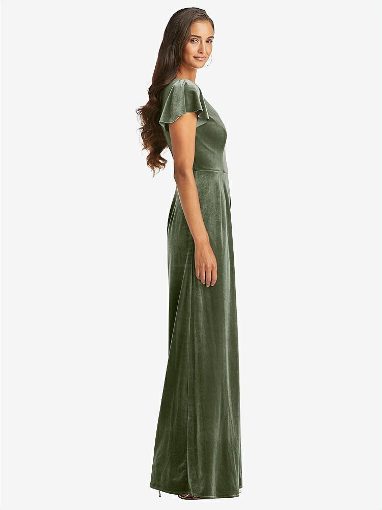 【NEW】【STYLE: 1542】フラッター スリーブ ベルベット ジャンプスーツ ポケット付き【COLOR: Sage】【SIZE: 00-30W】