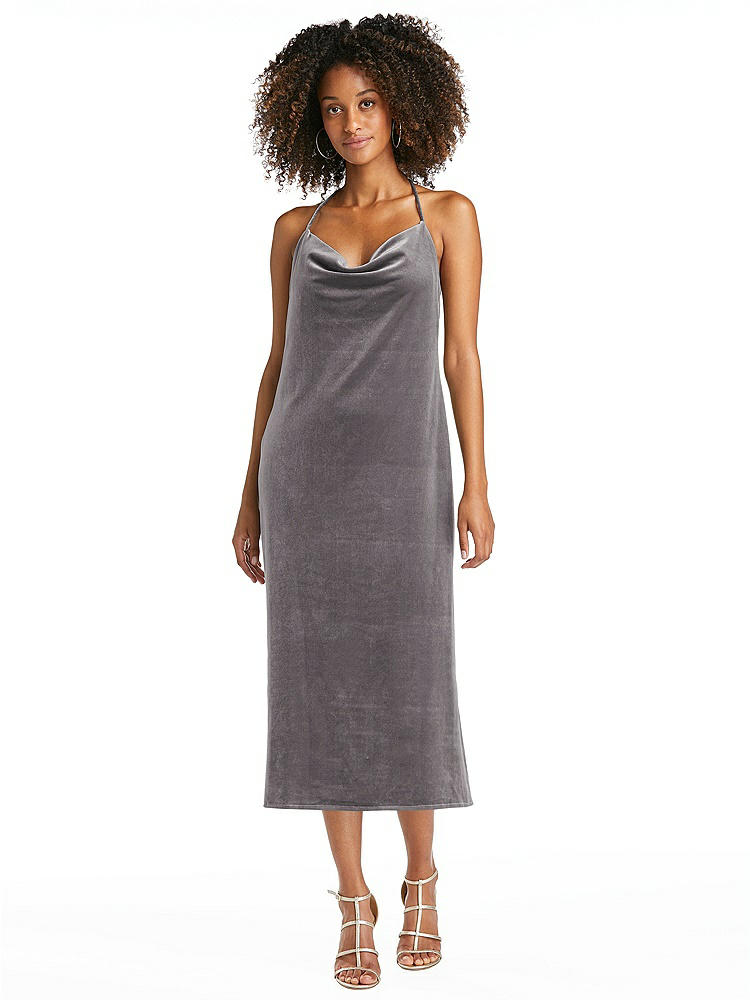【STYLE: LB020】Cowl-Neck Convertible Velvet Midi Slip Dress - Isa【COLOR: Caviar Gray】