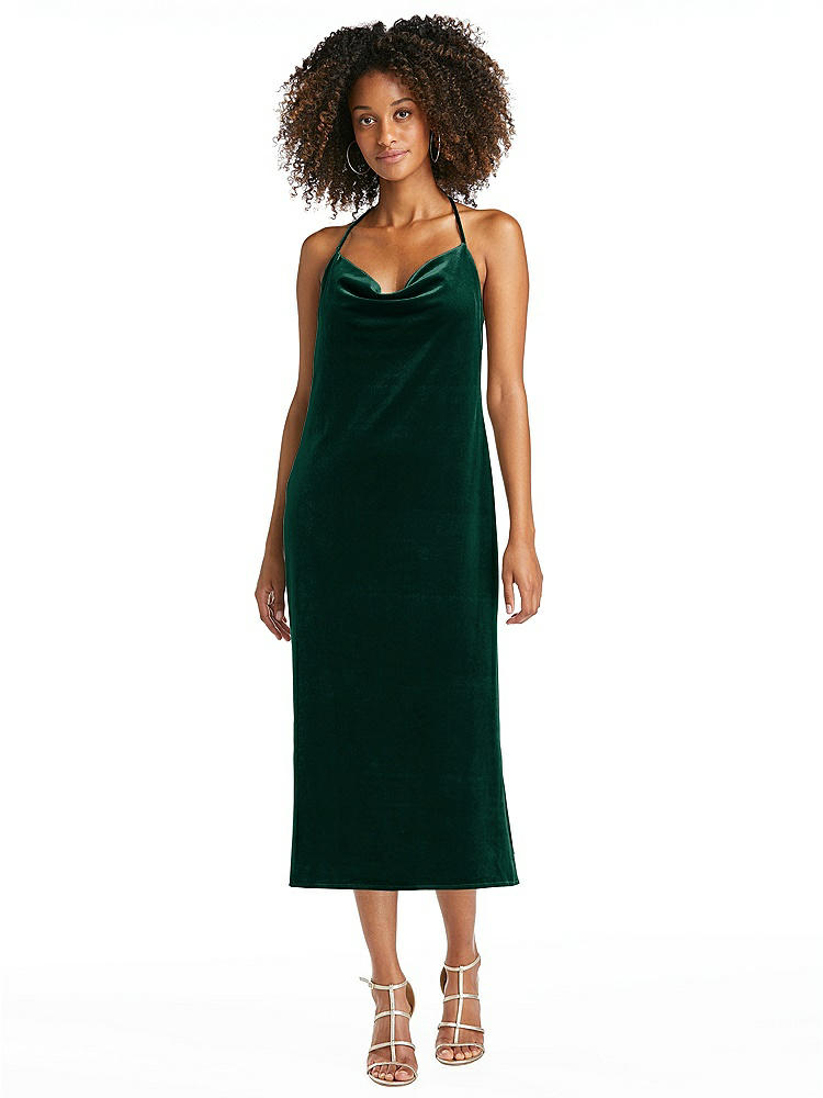 【STYLE: LB020】Cowl-Neck Convertible Velvet Midi Slip Dress - Isa【COLOR: Evergreen】