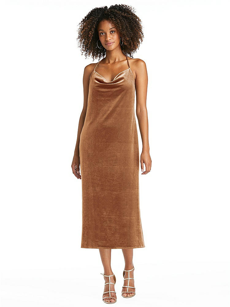 【STYLE: LB020】Cowl-Neck Convertible Velvet Midi Slip Dress - Isa【COLOR: Golden Almond】