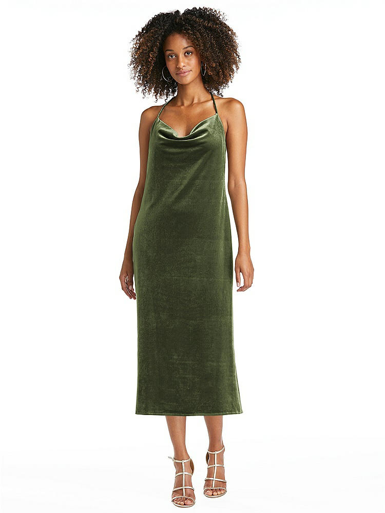 【STYLE: LB020】Cowl-Neck Convertible Velvet Midi Slip Dress - Isa【COLOR: Olive Green】