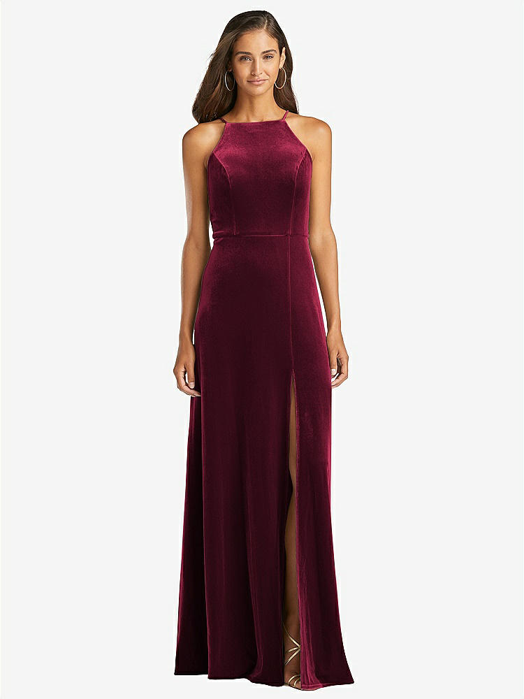 【STYLE: LB021】Velvet Halter Maxi Dress with Front Slit - Harper【COLOR: Cabernet】